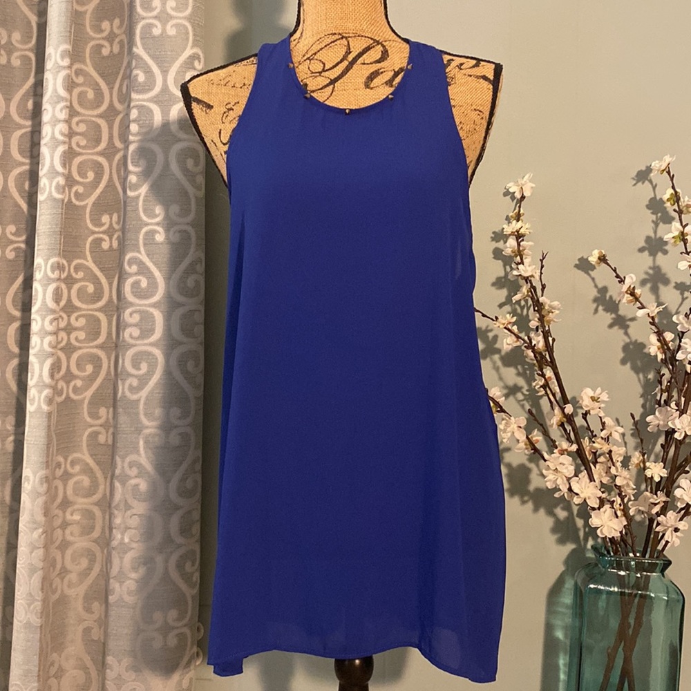 ASTR Studded Neck Sleeveless Blouse Semi Sheer Back Panel